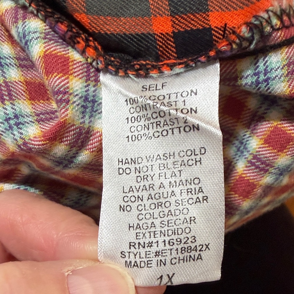 Easel Plaid Patchwork Button Down Shirt - Orange,… - image 7